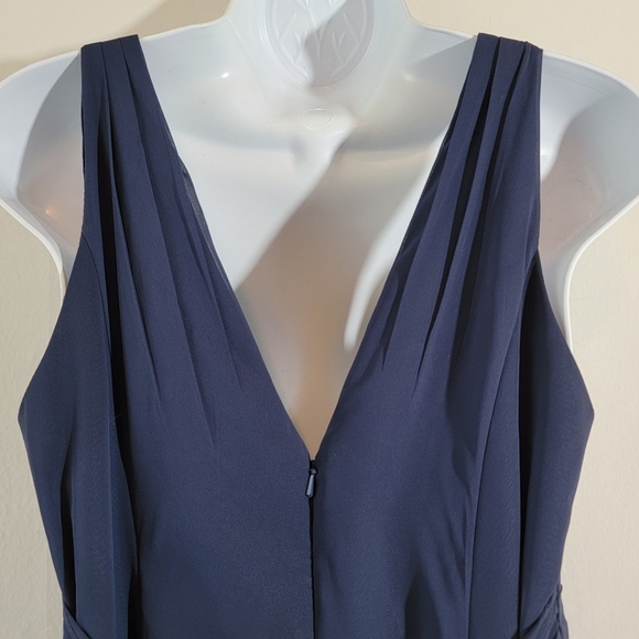 David's Bridal Blue Navy Maxi Dress Sz 8 Surplice Neck Tie Back Pleated Wedding - Picture 6 of 12